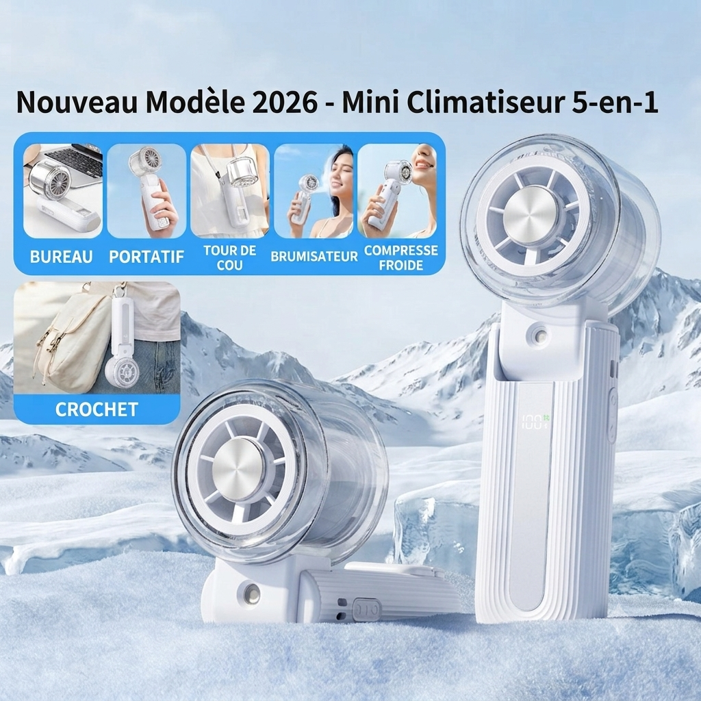 Mini Ventilateur Brumisateur &  Portatif 5-en-1 — Modèle 2026